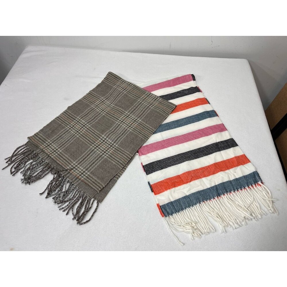 100% Cashmere Scarf Plaid Made in Scotland Fringe Winter Wrap Gray Lot Of 2 - Picture 1 of 5